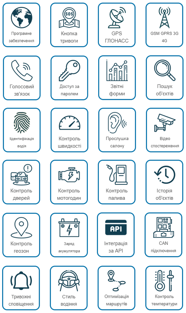 Програмне забезпечення, тривожна кнопка, GPS ГЛОНАСС, GSM GPRS 3G 4G, голосовий зв'язок, доступ за паролем, звітні форми, пошук об'єктів, ідентифікація водія, контроль швидкості, прослушка салону, відеоспостереження, контроль дверей, контроль мотогодин, контроль палива, інтеграція за API , CAN підключення, тривожні сповіщення, історія об'єктів, контроль геозон, заряд акумулятора, стиль водіння, оптимізація маршрутів, контроль температури