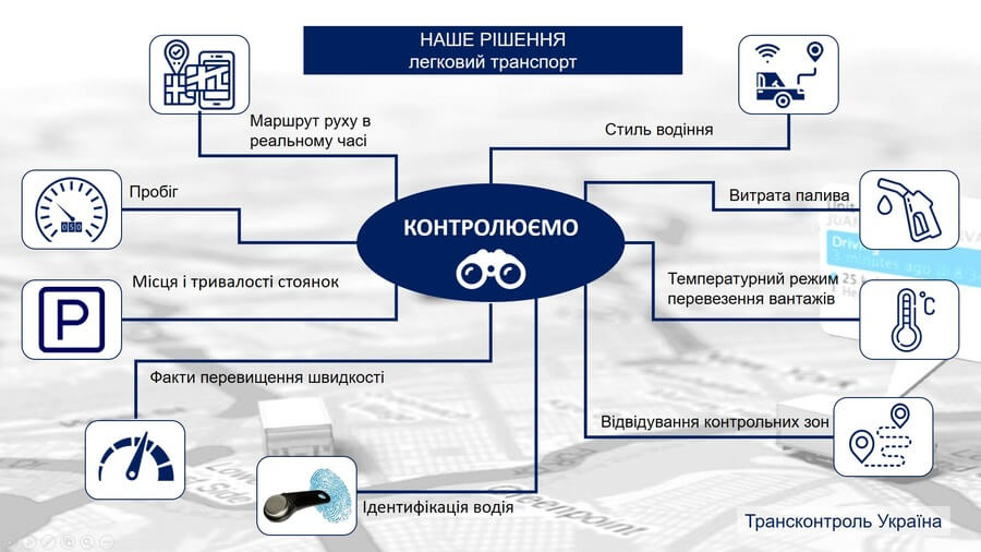 Контролюємо пробіг, маршрут руху в реальному часі, пробіг, місця і тривалості стоянок, факти перевищення швидкості, ідентифікація водія, стиль водіння, витрата палива, температурний режим перевезення вантажу, відвідування контрольних зон