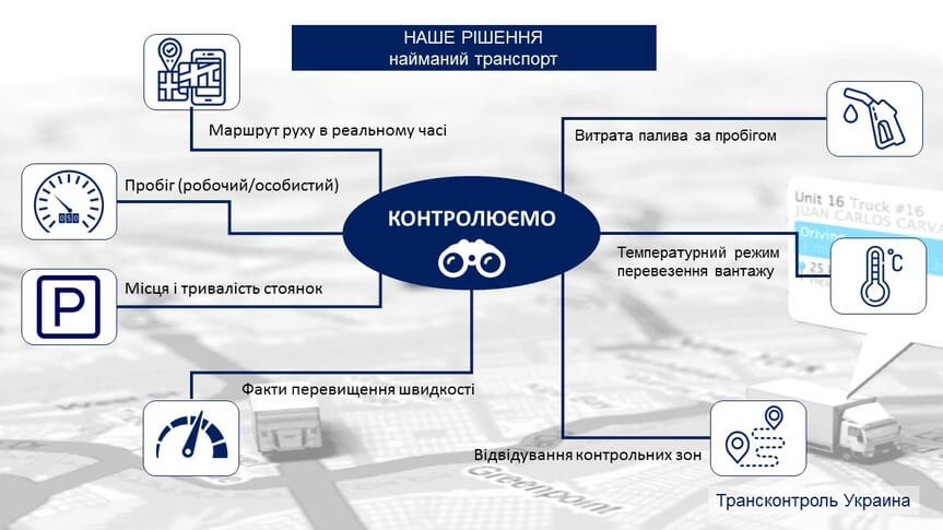 Для найманого транспорту ми контролюємо такі параметри: маршрут руху в реальному часі, пробіг (поділ пробігів робочий \ особистий), місця і тривалості стоянок, факти перевищення швидкості, відвідування контрольних зон, температурний режим перевезення вантажу, витрата палива по пробігу