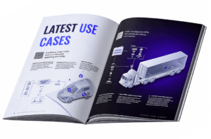 Відкритий журнал на білому фоні з інфографікою про транспорт і логістику